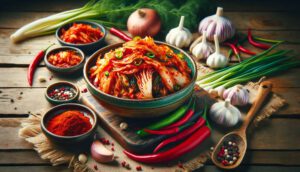 Titelbild: Eine schön arrangierte Schüssel mit frisch zubereitetem Kimchi, umgeben von Zutaten wie Knoblauch, Ingwer, Chili und Frühlingszwiebeln auf einem rustikalen Holztisch.